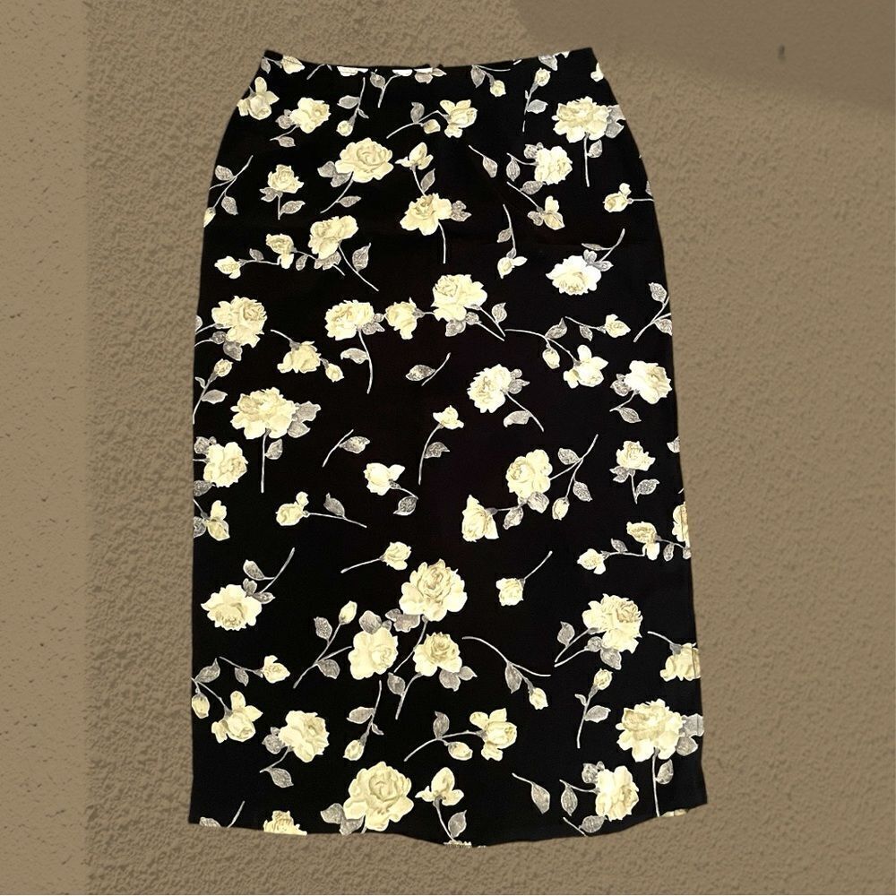 90s vintage black floral maxi skirt side slit